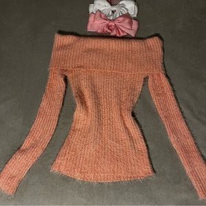 PINK OFF THE SHOULDER FITTED FOLDOVER SWEATER for Valentine's Day date night